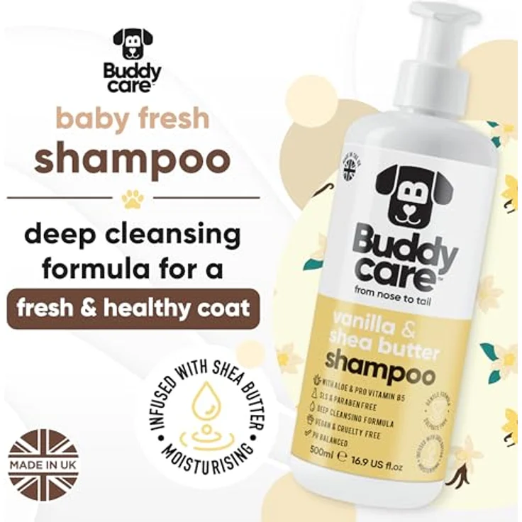 Buddycare Vanille- & Sheabutter-Hundeshampoo, feuchtigkeitsspendend mit Aloe Vera und Pro-Vitamin B5, 500ml – Bild 2