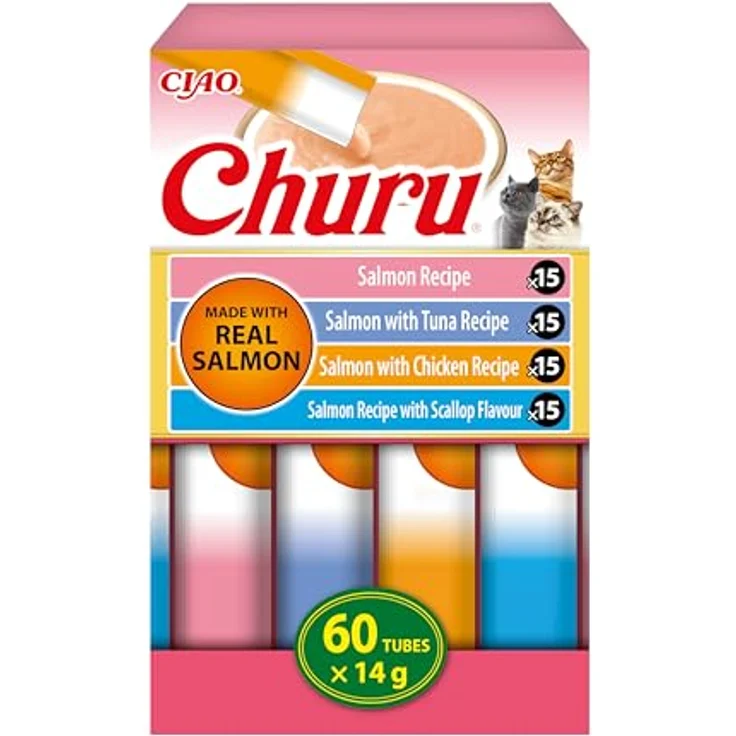 INABA Churu Salmon, Katzensnacks zum Füttern aus der Hand, Variety Pack mit Lachs, Thunfisch, Huhn und Jakobsmuschel, 60 x 14 g, Hochwertige Zutaten, Hoher Feuchtigkeitsgehalt – Bild 1