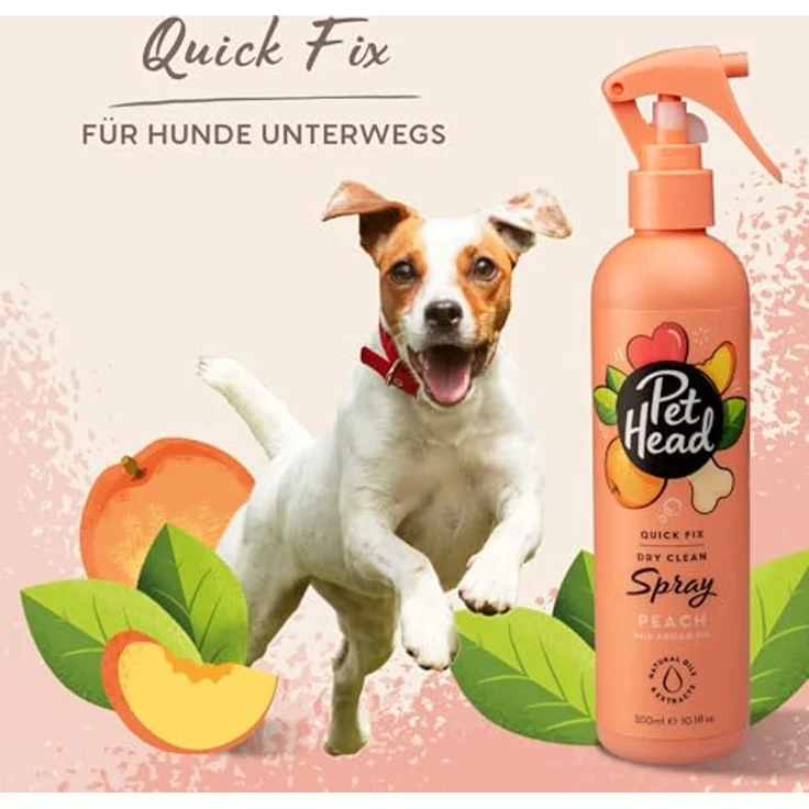Pet Head Quick Fix Fellspray für Hunde, Desodorierendes Pfirsichduft-Spray mit natürlichem Pflegeöl, pH-neutral, vegan, 300ml – Bild 3