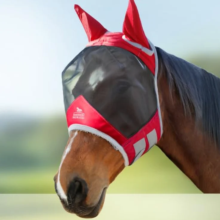Harrison Howard CareMaster Pro Luminous Pferde Fliegenmaske mit UV-Schutz, Fleece-Polsterung und Ohrenschutz, Rot, Warmblut (L) – Bild 1
