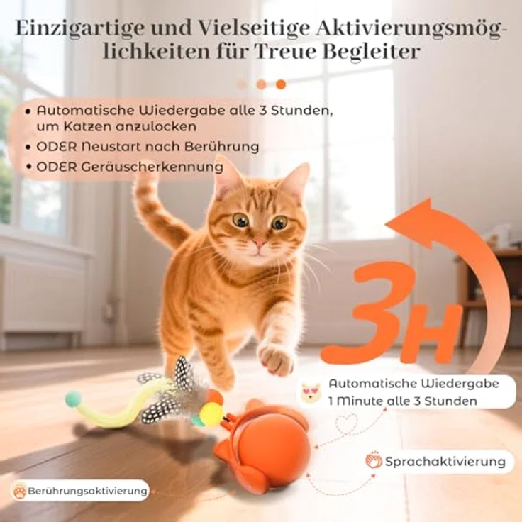 GoldenSun Automatischer Katzenspielzeugball mit Federschwanz, Bewegungsaktiviert, 3 LED-Lichtmodi, Wiederaufladbar über USB – Bild 2