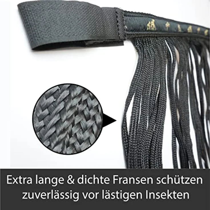 Pferdelinis Fliegenfransen für Pferde Fliegenmaske mit extra langen Fransen und Klettverschluss, Fliegenhaube in Schwarz für Warmblut (Full) – Bild 2