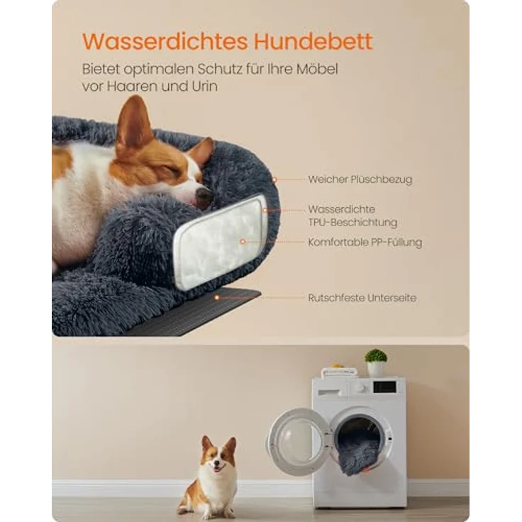 Feandrea FluffyHug Hundebett Plüsch, Größe L, für mittelgroße Hunde bis 25 kg, 95 x 85 x 16 cm, dunkelgrau, wasserabweisend mit waschbarem Bezug – Bild 3