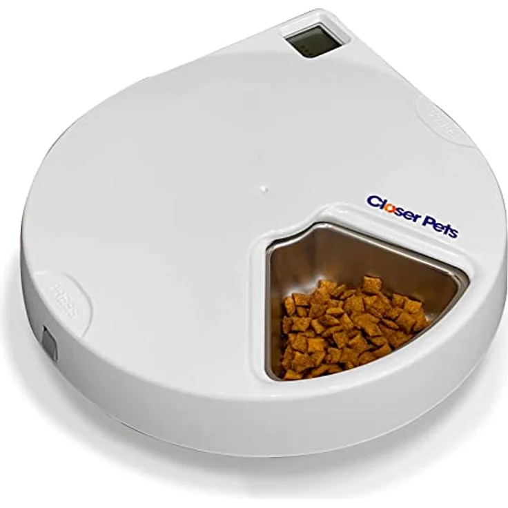Closer Pets C500 Futterautomat mit digitalem Timer, 5 Edelstahlnäpfen für Katzen und kleine Hunde, 5 Mahlzeiten bis 330 g, inklusive 2 Kühlakkus, Weiß – Bild 1