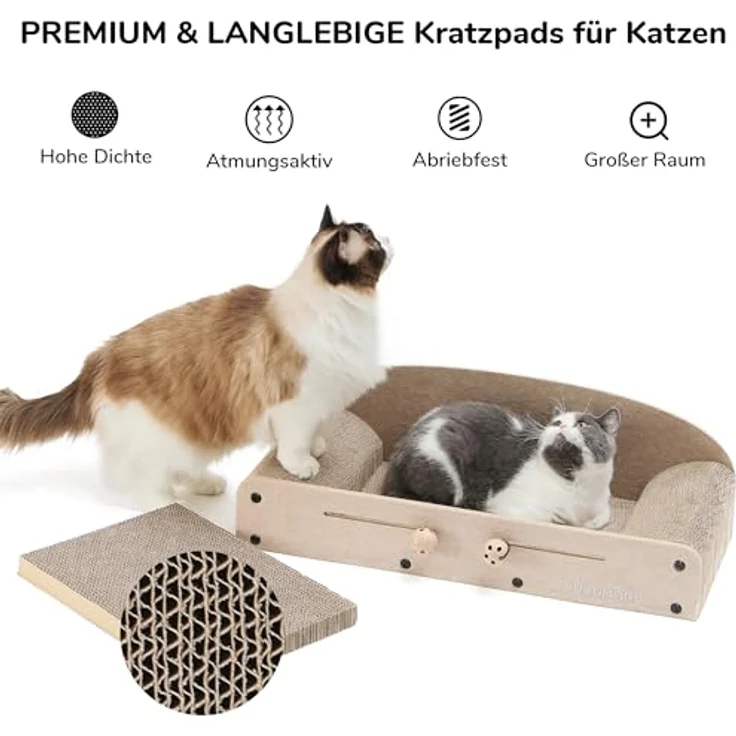 FUKUMARU Kratzbrett für Katzen, 66 cm, langlebige Wellpappe und Filz, 2 wendbare Kratzpads, recycelbares Katzenkratzbett mit Glockenballspielzeug, Beige – Bild 3