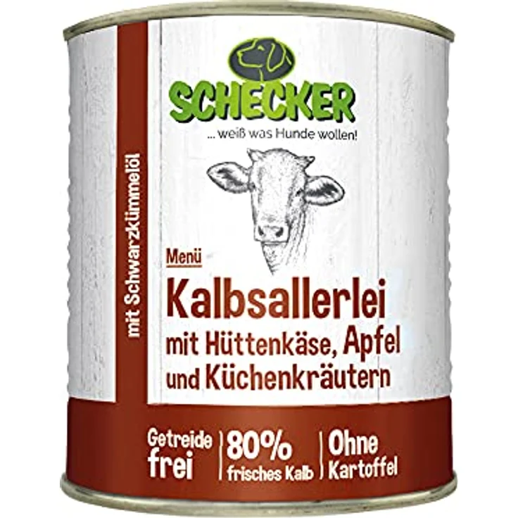 Schecker Hundemenü vom Kalb mit Hüttenkäse, Apfel und Kräutern - getreidefrei, mit Schwarzkümmelöl, 12 x 410 g – Bild 2