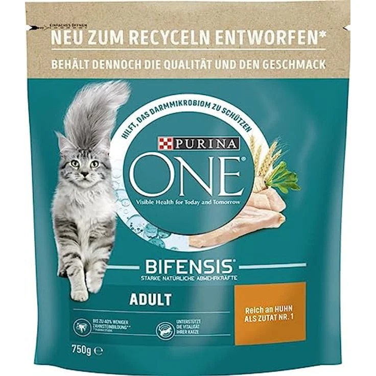 PURINA ONE Adult reich an Huhn, Katzentrockenfutter mit Bifensis Formel zur Stärkung der Abwehrkräfte, 750g Beutel – Bild 1