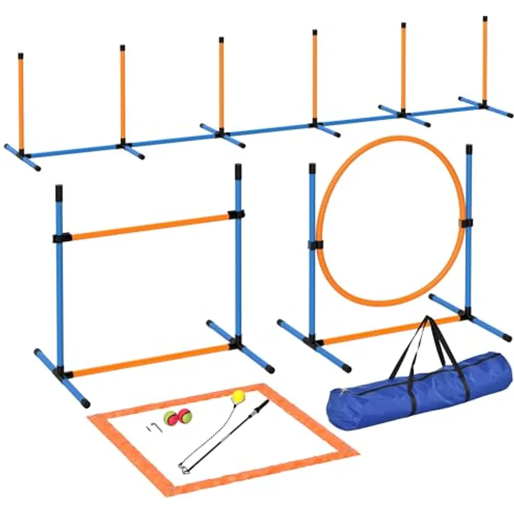 PawHut Agility Set Hunde 7-teilig, höhenverstellbare Agility-Ausrüstung mit Slalomstangen, Sprunghürde, Hula-Hoop und 2 Bällen für effektives Hundetraining