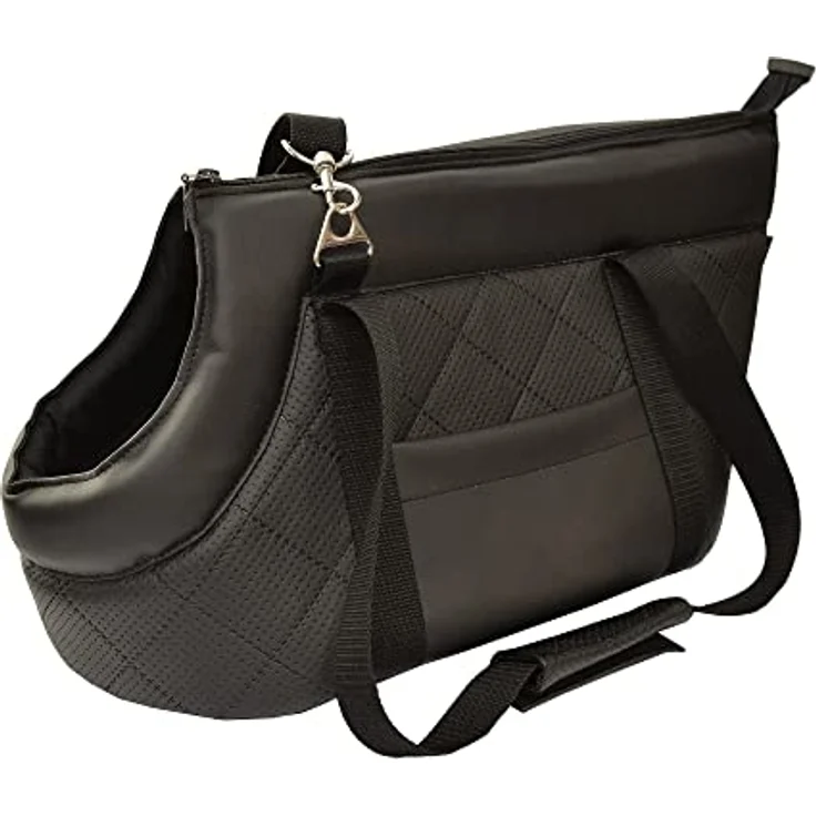 BOUTIQUE ZOO Transporttasche für Hunde und Katzen, Schultertasche aus Kunstleder, bis 12 kg, Größe L, schwarz, mit Gummiband und Karabiner – Bild 1