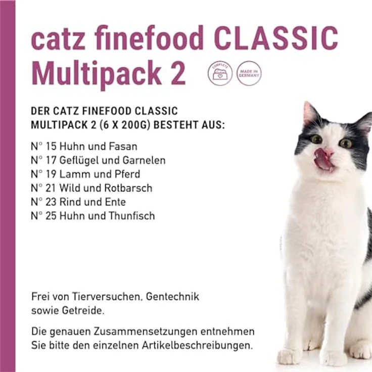 catz finefood Feinkost Katzenfutter nass Multipack 2, 6 x 200 g Dosen mit Huhn, Thunfisch, Rind, Rotbarsch, Lamm, Garnelen, Wild - hohes Fleischanteil, ohne künstliche Zusätze, made in Germany – Bild 4