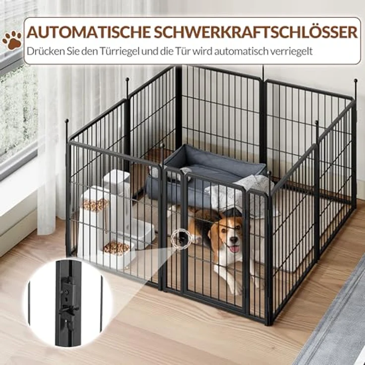 Fobyfurny Welpenauslauf Hundezaun, 60 cm Hoch, stabiler Metalllaufstall mit komfortabler Bodenbündiger Tür, Schwarz – Bild 4