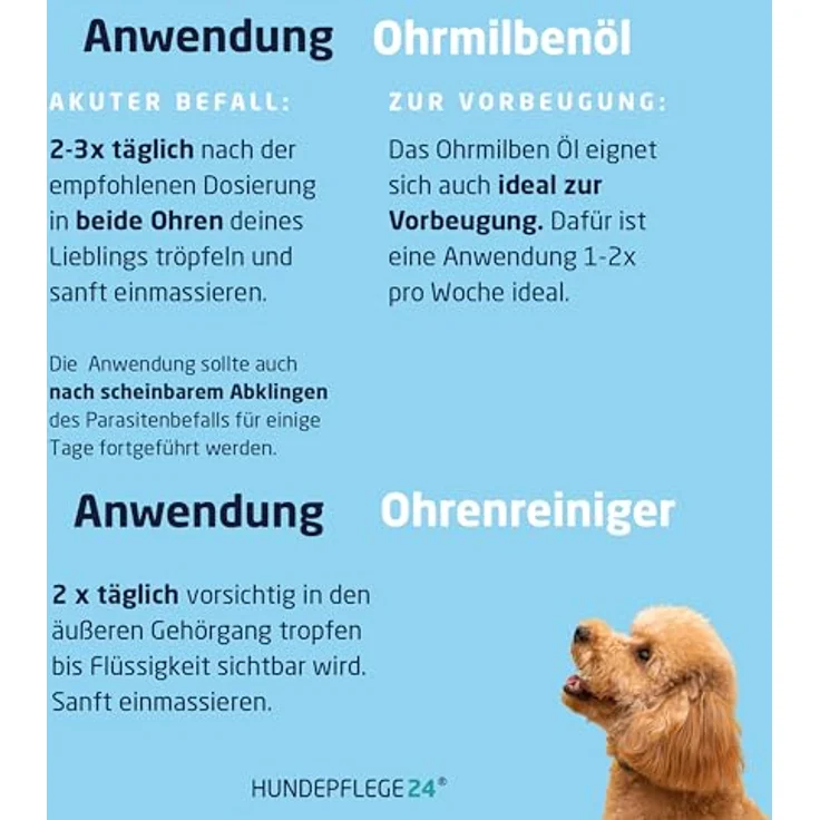 Hundepflege24 Ohrenpflege Set, Ohrenreiniger Akut 250ml + Ohrmilbenöl 50ml, Sofortwirkung gegen Ohrmilben, made in Germany – Bild 5