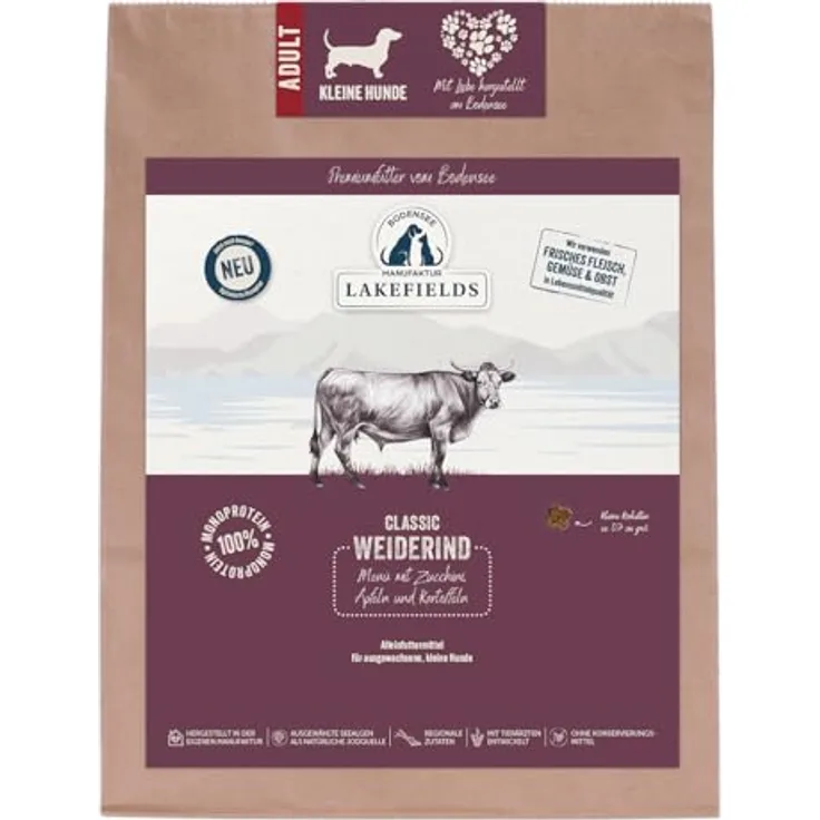 Lakefields Classic Hundefutter trocken, Rind 60%, 1kg, getreidefreies Trockenfutter für kleine Hunde, extra kleine Kroketten, mit Karotten, Äpfeln & Heidelbeeren, schonend gebacken