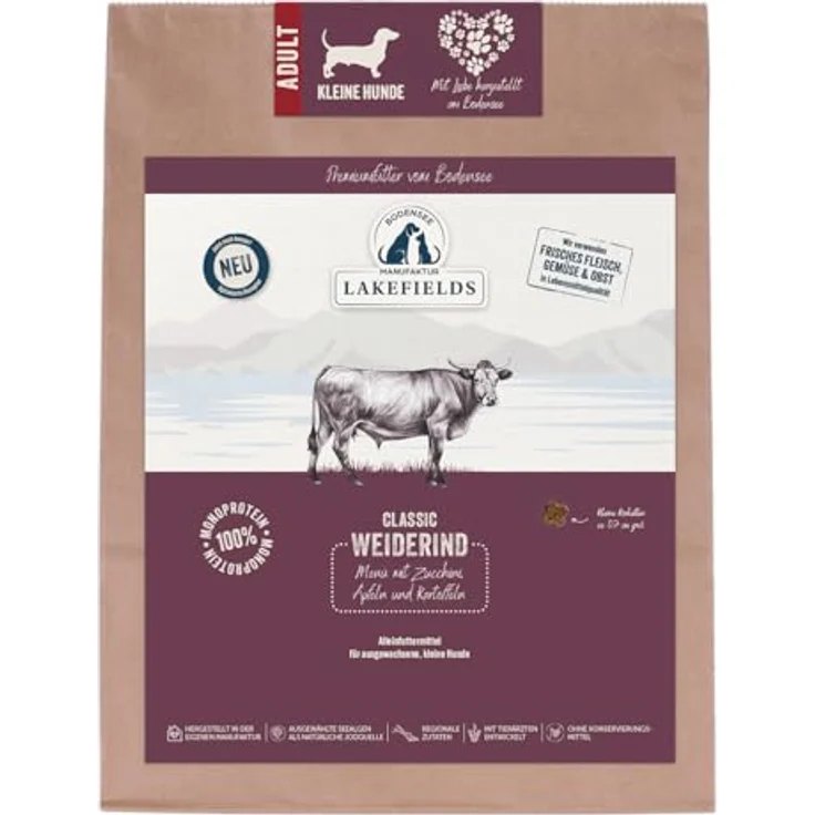 Lakefields Classic Hundefutter trocken, Rind 60%, 1kg, getreidefreies Trockenfutter für kleine Hunde, extra kleine Kroketten, mit Karotten, Äpfeln & Heidelbeeren, schonend gebacken – Bild 1