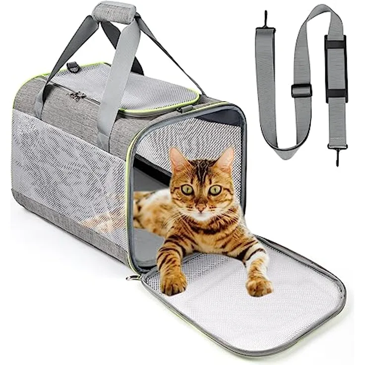 Lannvan Transportbox für Katzen, Faltbare Transporttasche bis 6,5kg mit Abnehmbarem Plüschpad, Atmungsaktiv und Stabil, Grau (45x30x30cm)