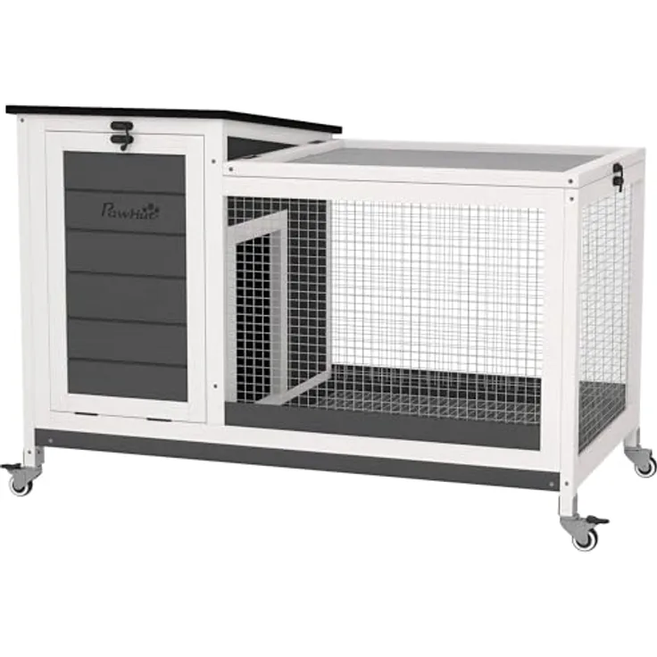 PawHut Kaninchenstall aus Holz, Hasenstall mit Freilaufgehege, klappbare Dächer, wetterfest, 92x52x67 cm, dunkelgrau