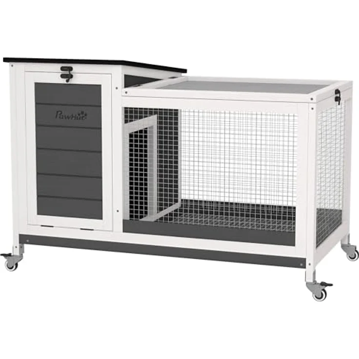 PawHut Kaninchenstall aus Holz, Hasenstall mit Freilaufgehege, klappbare Dächer, wetterfest, 92x52x67 cm, dunkelgrau – Bild 1