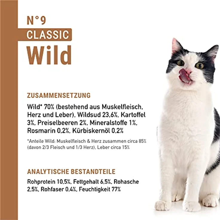 catz finefood Classic N° 9 Wild, Premium Nassfutter für Katzen, 70% Wildanteil, ohne Getreide und Zucker, 6 x 300g Beutel – Bild 4