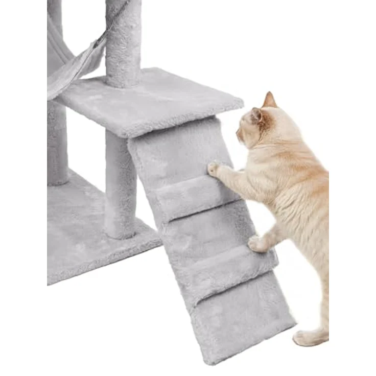 Mersjö Comfort Line Katzenkratzbaum, 125 cm hoch, mit 6 Ebenen, Haus und Spielzeug, hellgrau – Bild 4