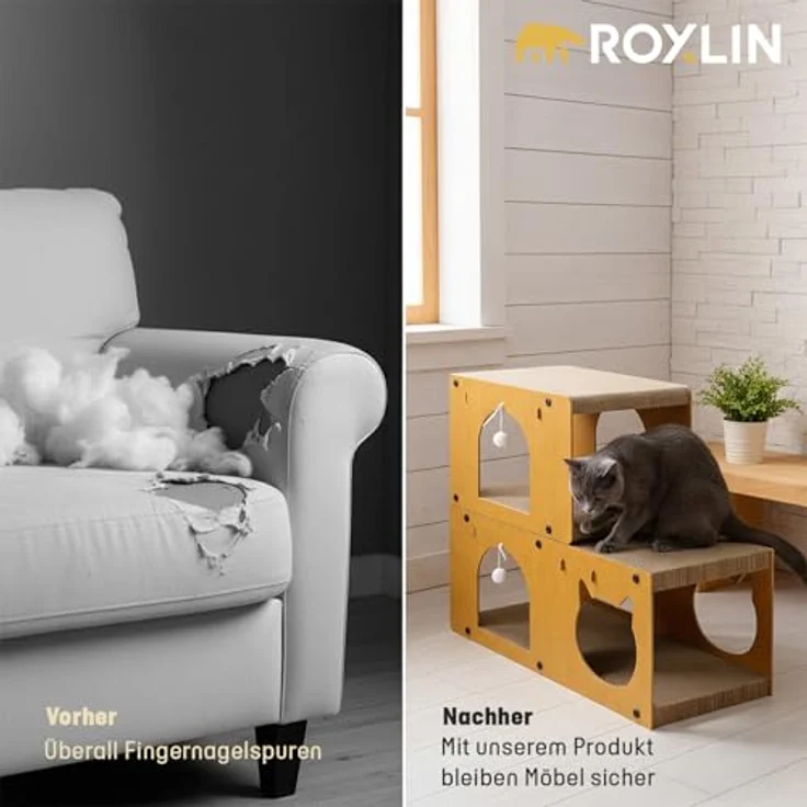Roxlin ROXLIN Katzen TV-Möbel, Holzdesign in Gelb, modernes Katzenspielzeug mit Kratzfläche und Höhlen, stabiles Tunnel-Modell für Wohnzimmer – Bild 4