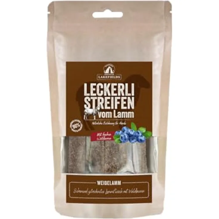Lakefields Hundeleckerli Trockenfleischstreifen vom Lamm, 150g, 90% Lammfleisch, getreidefrei mit Kartoffeln & Waldbeeren, knusprige Belohnung ohne Zusätze