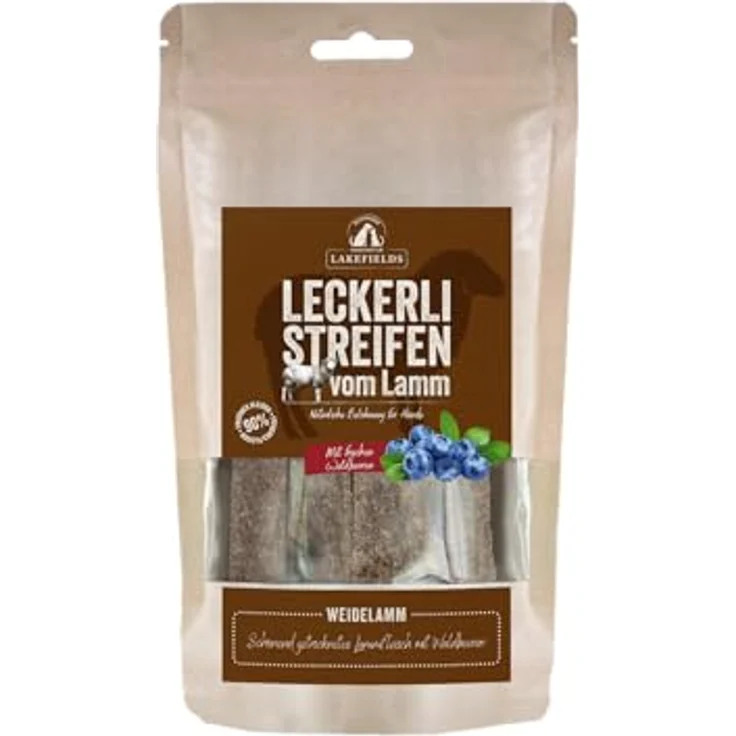 Lakefields Hundeleckerli Trockenfleischstreifen vom Lamm, 150g, 90% Lammfleisch, getreidefrei mit Kartoffeln & Waldbeeren, knusprige Belohnung ohne Zusätze – Bild 1