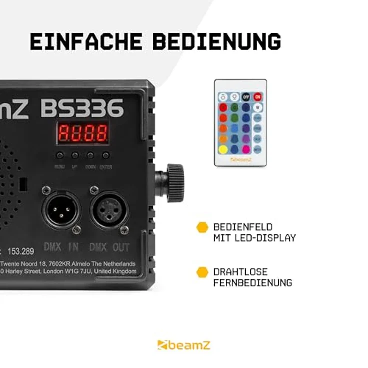 BeamZ BS336, Stroboskop Blitzer & Blinder Wash Kombi mit RGBW LEDs, 3-in-1 LED Lichteffekt, DMX Steuerung, Fernbedienung, 56 bunte LEDs, ideal für Partys & Events – Bild 5