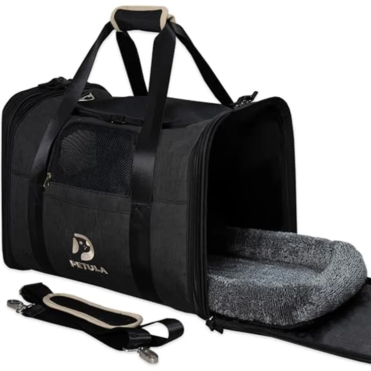 Petula Katzentasche & Hundetasche – Faltbare Transportbox für Katzen & kleine Hunde bis 13 kg, formstabil mit Innenmatte und Belüftung (Schwarz)