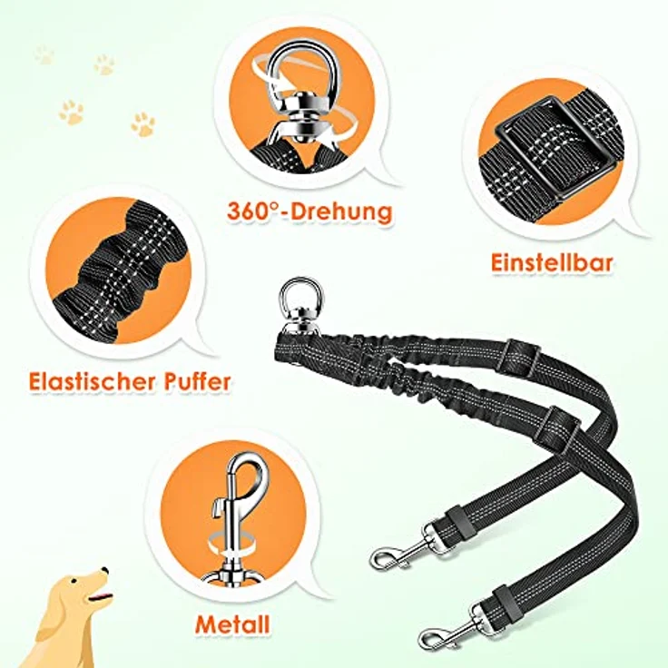 Nasjac Doppelte Hundeleine, 360° drehbarer Splitter für zwei Hunde, verstellbare stoßdämpfende Bungee-reflektierende Leine für kleine, mittlere und große Hunde – Bild 3