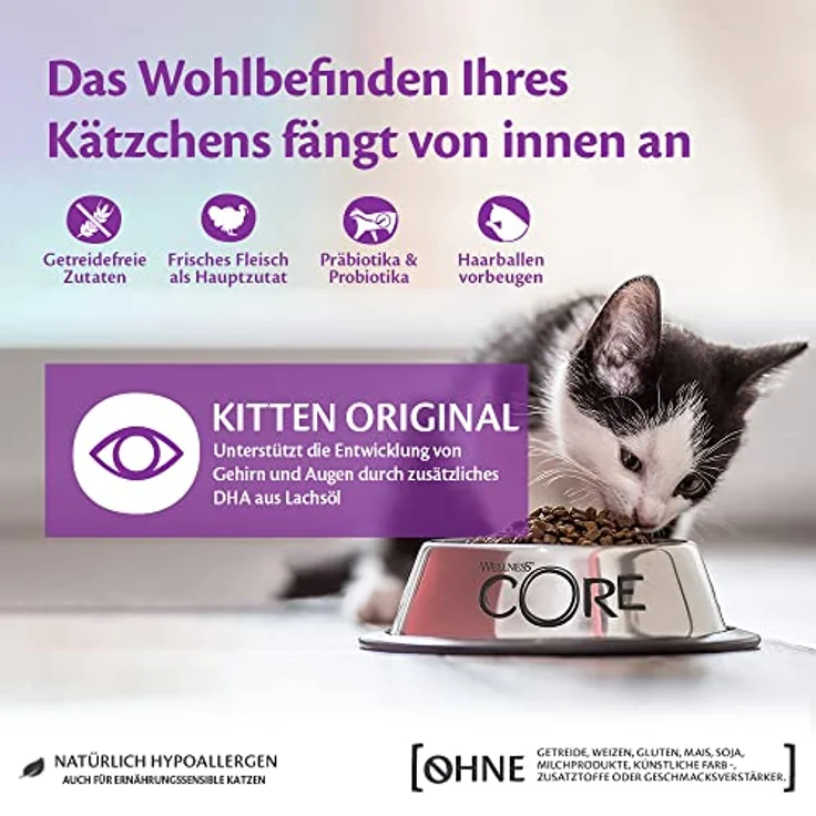 Wellness CORE Kitten Original, Trockenfutter für Kätzchen mit Huhn & Pute, 1,75 kg, getreidefrei, hoher Fleischanteil, fördert Gehirn- & Augenentwicklung, ohne Zuckerzusatz – Bild 2