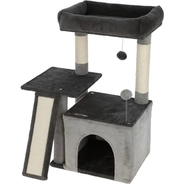 Kerbl Pet Kratzbaum Rosalie, grau, 76 cm, mit Kuschelbett und Spielbällen aus Plüsch, stabiler Holz-Katzenkratzbaum für Katzen und Kitten