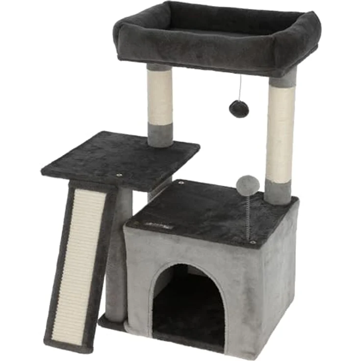 Kerbl Pet Kratzbaum Rosalie, grau, 76 cm, mit Kuschelbett und Spielbällen aus Plüsch, stabiler Holz-Katzenkratzbaum für Katzen und Kitten – Bild 1