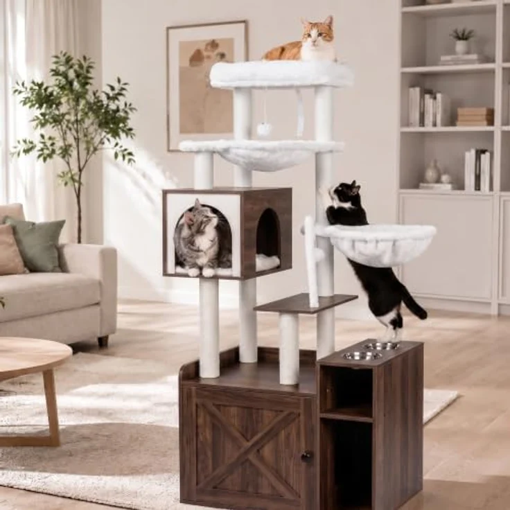 Relaxdays Kratzbaum Katzenkloschrank mit Schlafhöhle, 2 Futternäpfen, Sisal, magnetischer Tür, Faserplatte, Industrial-Weiß – Bild 2