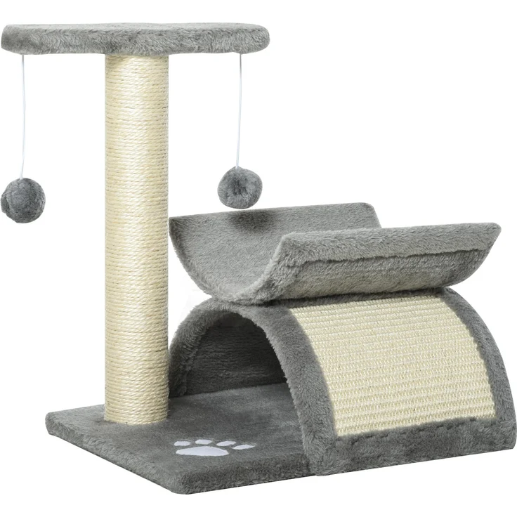 MH Handel GmbH Kratzbaum 43 cm, Kleiner Katzenbaum mit Tunnel, U-förmiger Liegefläche, Kratzbrett und Spielball, Hellgrau