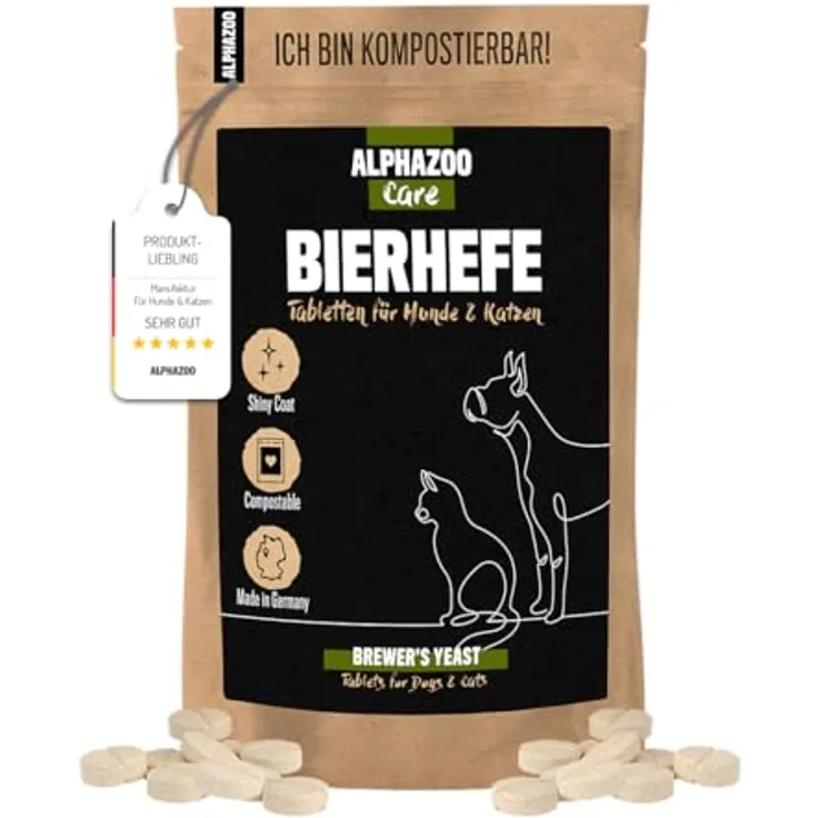 alphazoo Bierhefe Tabletten für Hunde & Katzen, 180g - natürliche Quelle für Vitamin-B-Komplex & Biotin zur Unterstützung von Haut, Fell & Krallen, ohne Zusätze