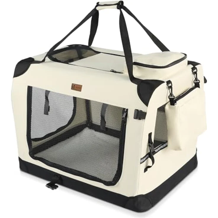 VOUNOT Faltbare Hundebox, Transportbox für Katzen und Hunde, atmungsaktiv, Oxford-Gewebe, Metallrahmen, 2 Taschen, 70x52x52cm, Beige – Bild 1