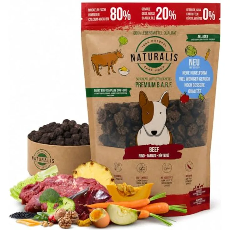 Naturalis Trockenbarf Hundefutter 5kg Rind, getreidefrei, ohne Zusätze, sojafrei, 100% Natur, schonend luftgetrocknet, geeignet für alle Hunderassen