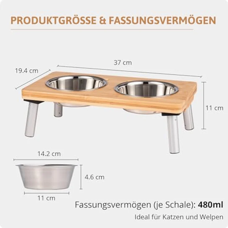 PEGGY11 Edelstahlnäpfe 2er Set, 480 ml - Erhöhte Futternäpfe mit rutschfesten Standfüßen für kleine Hunde und Katzen, stabiler Bambusständer – Bild 2