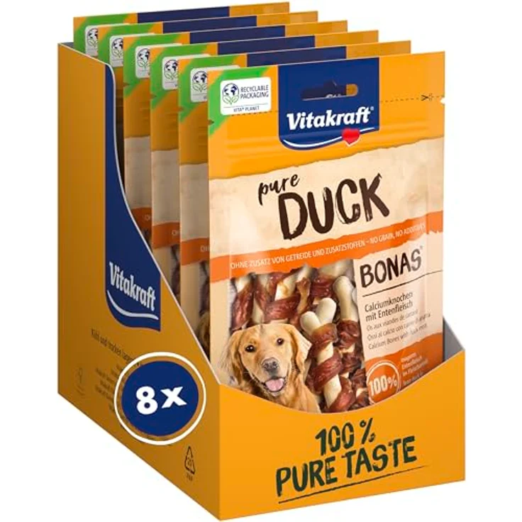Vitakraft Pure Duck Bonas, Hundeleckerli mit Calciumknochen und Entenfleisch, zuckerfrei, 8x 80g – Bild 1