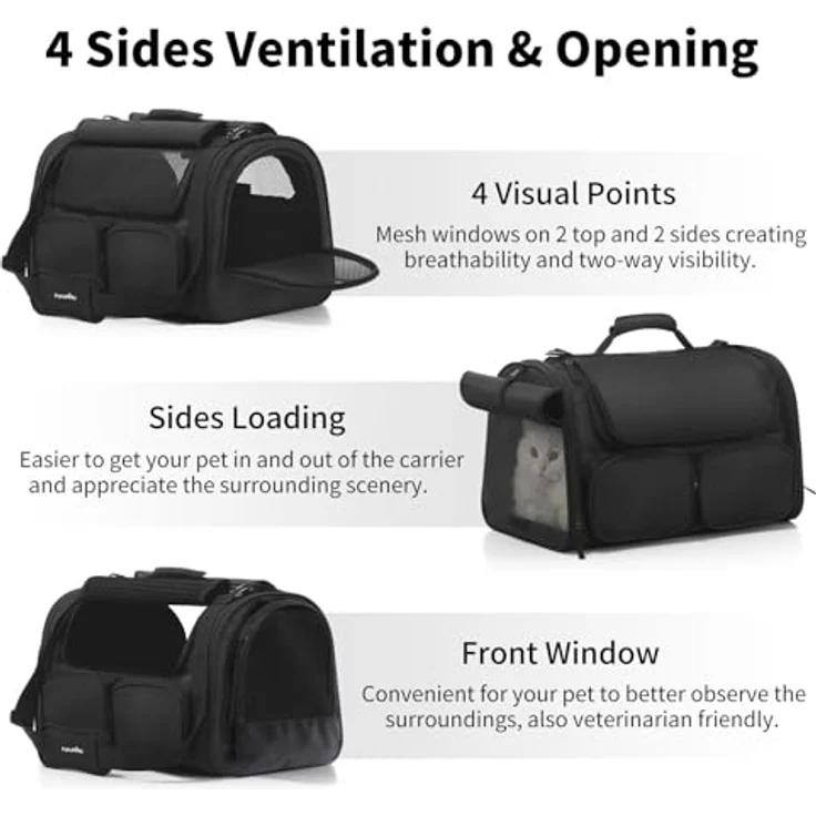 FUKUMARU Faltbare Transportbox für Katzen und Hunde, belastbar bis 22kg, schwarz, mit 4 Eingängen und waschbarem Bett – Bild 4
