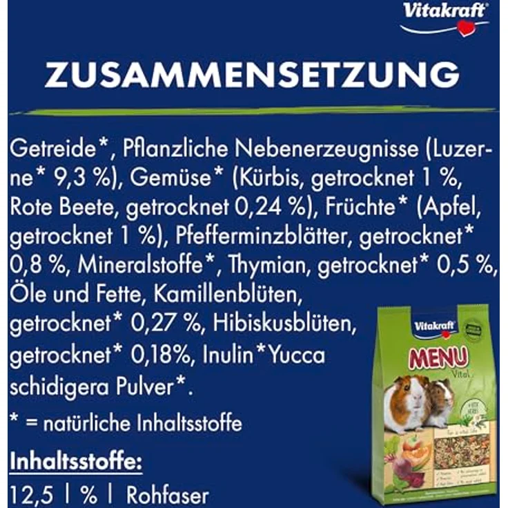 Vitakraft Menü Vital für Meerschweinchen, Komplettfutter mit hohem Fasergehalt, 5 kg, ohne Zuckerzusatz – Bild 3