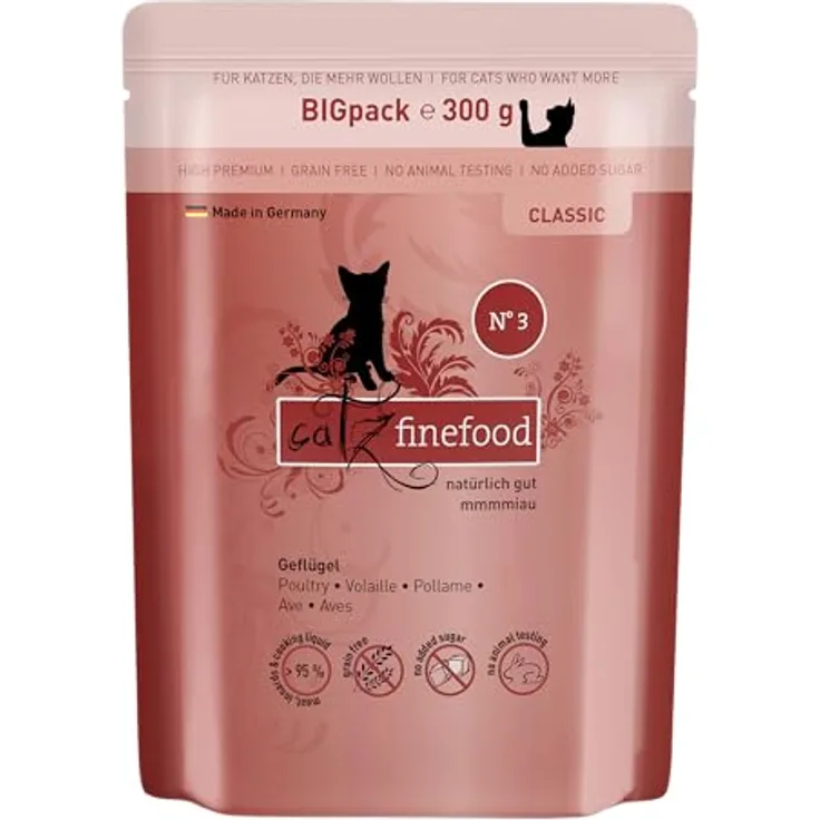 catz finefood N° 3 Geflügel Feinkost Katzenfutter nass, Premium Nassfutter für Katzen ohne Getreide und Zucker, 69% Fleischanteil, 6 x 300g Beutel