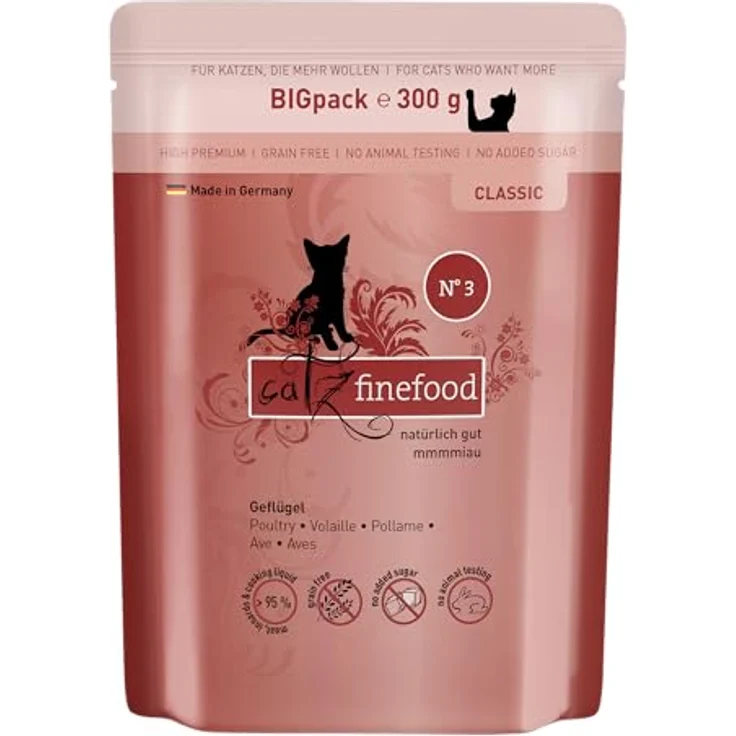 catz finefood N° 3 Geflügel Feinkost Katzenfutter nass, Premium Nassfutter für Katzen ohne Getreide und Zucker, 69% Fleischanteil, 6 x 300g Beutel – Bild 1