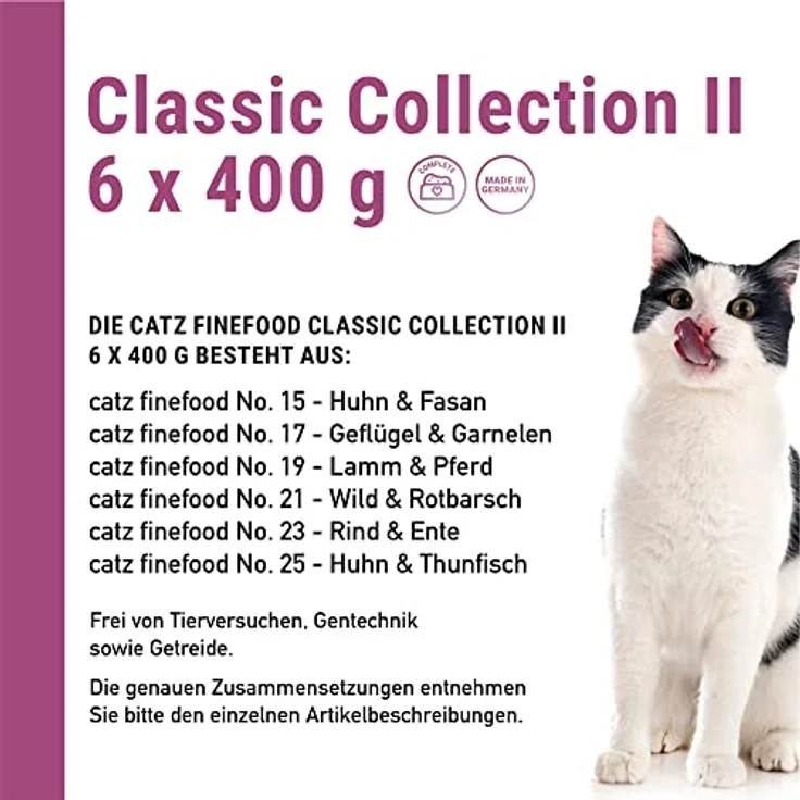 catz finefood Feinkost Katzenfutter nass Multipack 2, 6 x 400g Dosen mit Huhn, Thunfisch, Rind, Rotbarsch, Lamm, Garnelen und Wild, hoher Fleischanteil, artgerecht, hergestellt in Deutschland – Bild 3