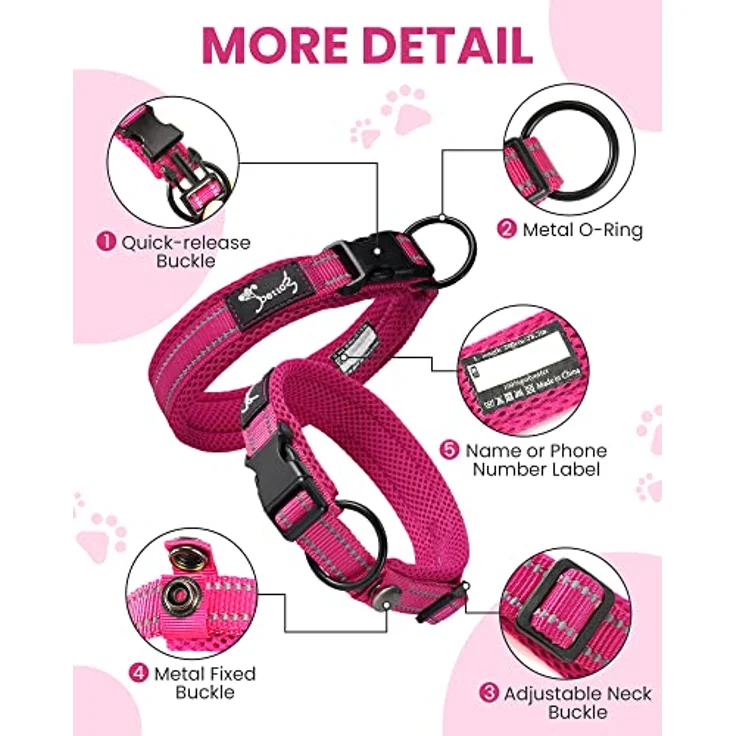 PETTOM Hundehalsband, verstellbares Nylonhalsband mit atmungsaktivem Mesh und reflektierendem Design, rosa, Größe M – Bild 3