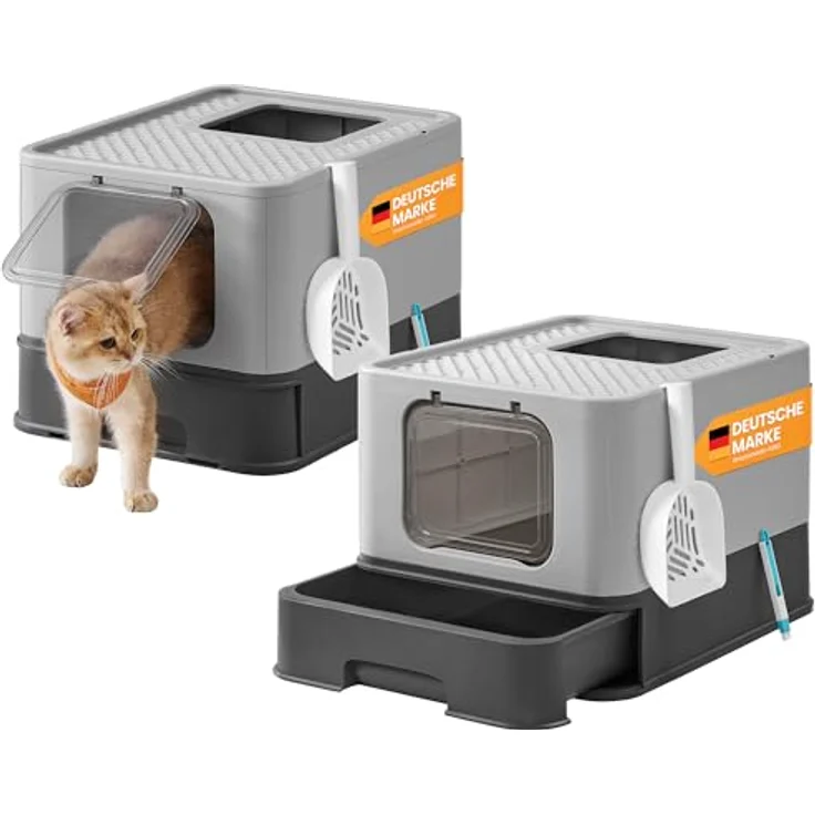 Feandrea Katzenklo 2er Set, mit Deckel und ausziehbarem Tablett, für Katzen bis 15 kg, anthrazitgrau-Taubengrau, auslaufsicherer Boden, weniger Spuren, inkl. Schaufel und Bürste – Bild 1