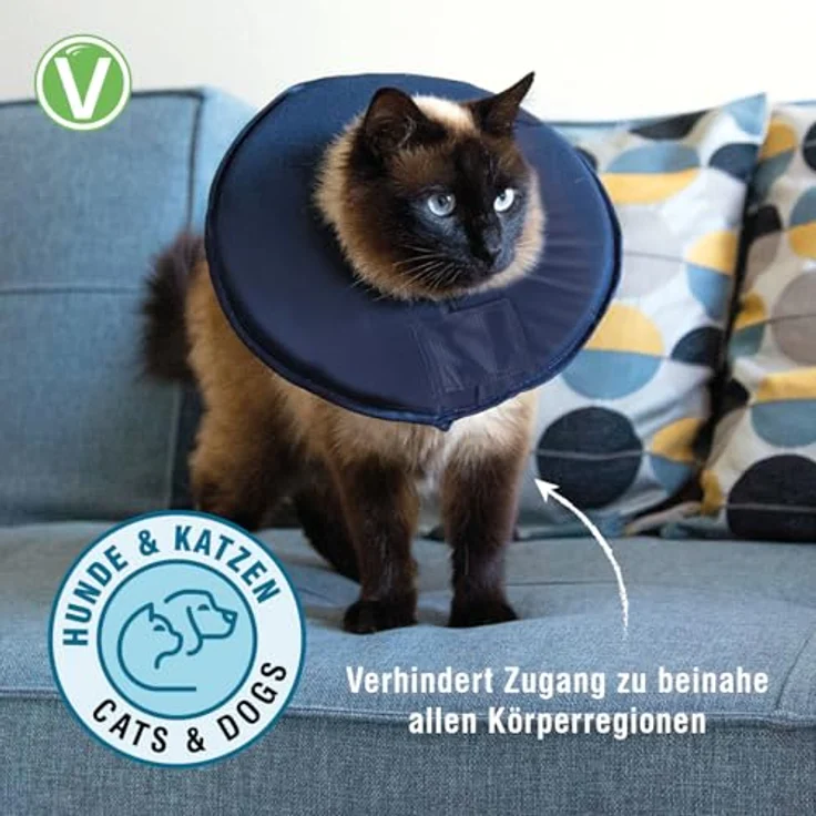 Vetlando Leckschutzkragen XS, Halskrause für Hunde & Katzen, wasserabweisend, waschbar, bequem, keine Sichtbehinderung, blau, Umfang 21-26cm, Durchmesser 26cm – Bild 5