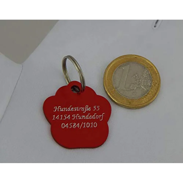 Hanessa Personalisierte Hundemarke mit Gravur, rot, Zinklegierung, 27x28 mm, Anhänger für Hundehalsband – Bild 4