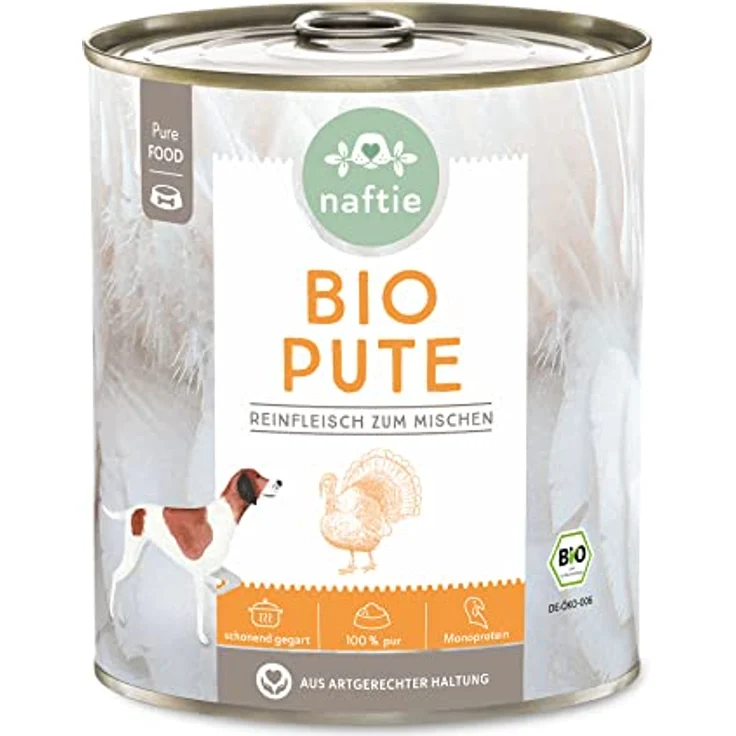 naftie Bio Hundefutter 100% Bio-Pute Nassfutter, Reinfleisch Pute pur, glutenfrei & getreidefrei, 800 g Dose – Bild 1