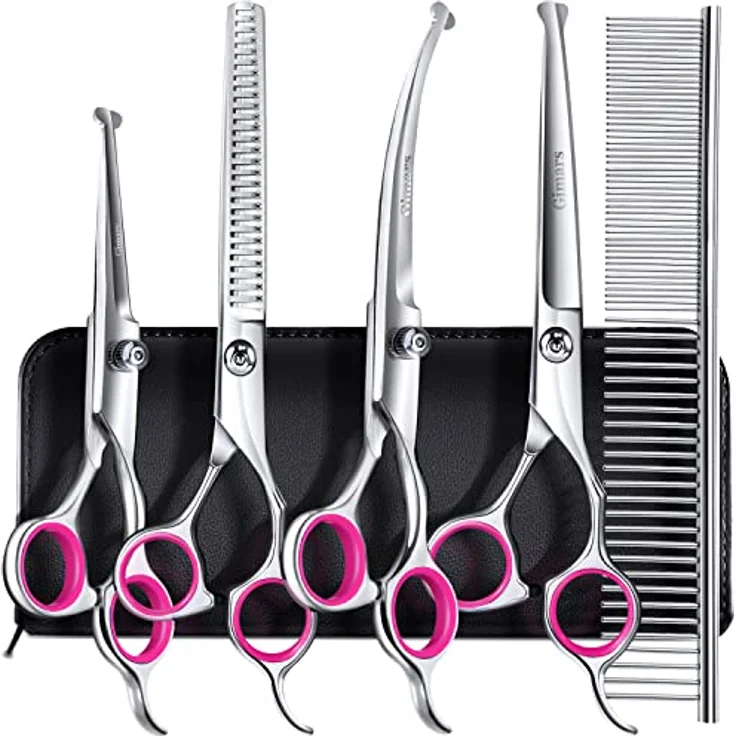 Gimars Professionelle 4CR Roestvrij Staal 6-in-1 Verzorgingsschaar für Hunde, Katzen und andere Tiere, mit Sicherheitsrunde Spitze, Ergonomisches Design, Pink – Bild 1